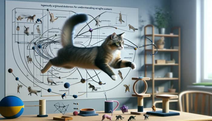 A cat mid-air twisting to land on its feet, with a background of cat toys and agility diagrams.