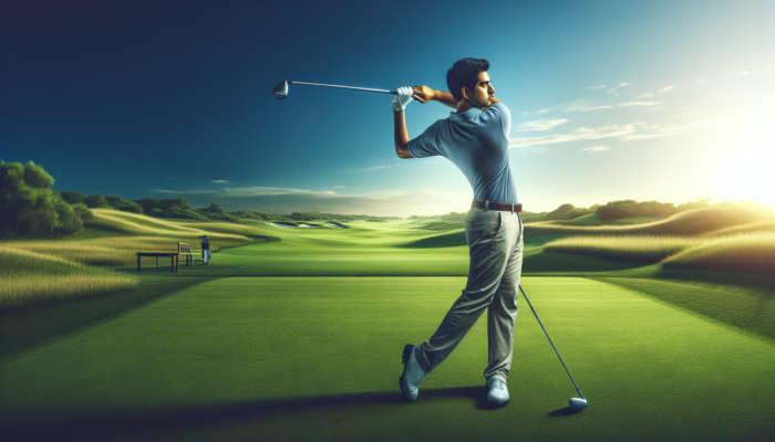 Golfer executing a fade shot with open stance and neutral grip on a green course under blue sky.