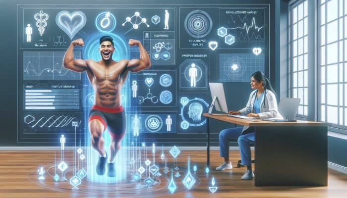 In a modern Blackburn clinic, a smiling patient flexes muscles as a doctor reviews testosterone test results on a screen with research charts.