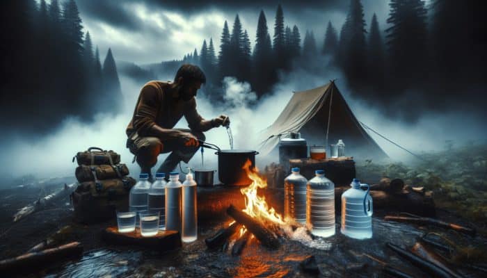 Survivalist boils murky water over campfire in misty forest, using filter and drops, with jugs under stormy sky.
