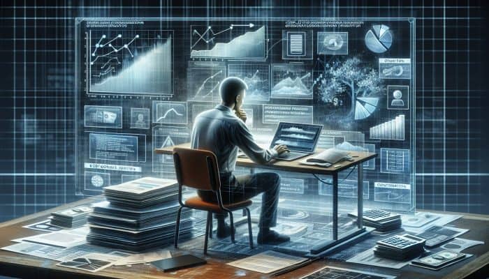 Top-Rated Debt Consolidation Lenders on X: Best UK Options | DCL A person at a desk reviewing financial documents and charts, using a laptop for a debt consolidation application.