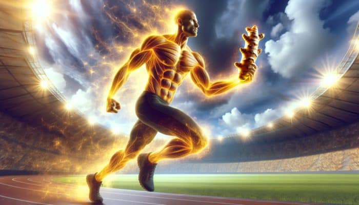 A muscular athlete running in a sunlit stadium, holding turmeric root, with golden auras symbolising enhanced endurance and reduced inflammation.
