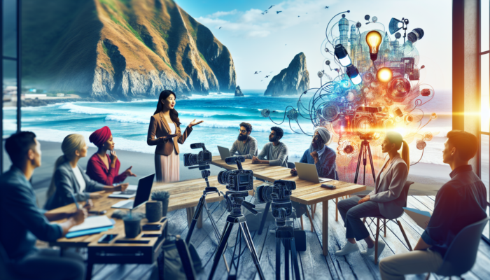 An expert leads a video production workshop for small businesses in Ilfracombe, surrounded by cameras, lights, laptops, and ocean cliffs.