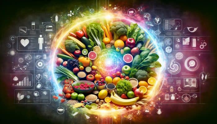 A colorful table of nutritious foods with an energy aura, as recommended by nutrition experts.