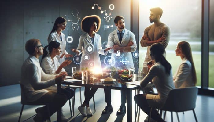 Diverse nutrition experts discussing online dietary forums, using digital screens with graphs and charts.