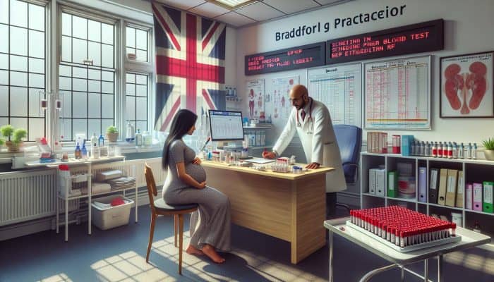 A pregnant woman in a Bradford GP clinic consults her doctor about a blood test, surrounded by medical charts, a Union Jack flag, and test tubes.