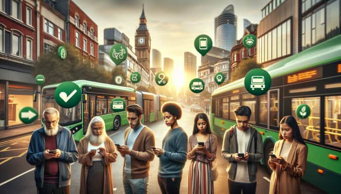 Busy UK city street at dawn: diverse commuters check apps for transport discounts and board electric buses with green sustainability icons.