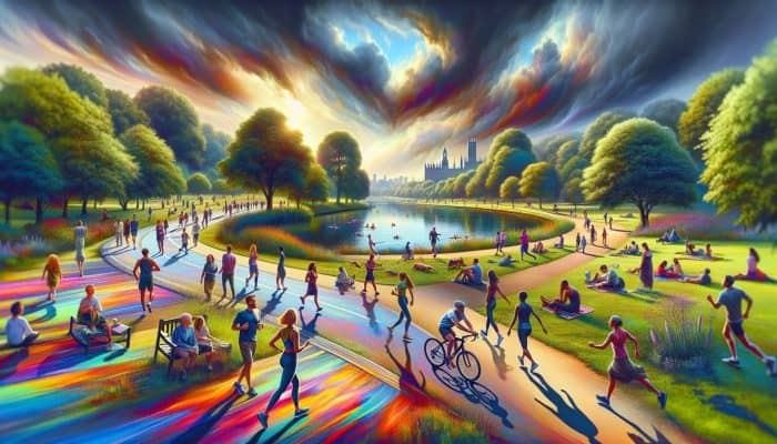 A vibrant UK park under cloudy skies, with diverse people walking, cycling, swimming, practicing yoga, running, and gardening.