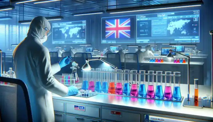 A scientist in a white coat wears blue nitrile gloves while handling vibrant chemicals in a sterile UK laboratory with high-tech equipment.