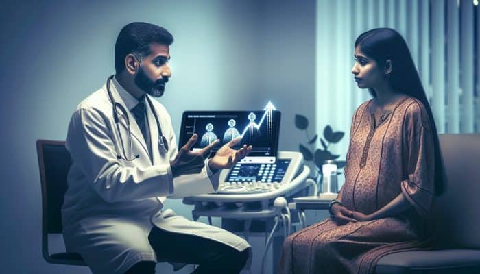 NHS doctor explains pregnancy blood test results to anxious patient, pointing at hCG chart in modern Stirling clinic with ultrasound and posters.