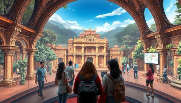 Visitors engaging in immersive theater with audio guides at a vibrant historical site, surrounded by intricate cultural and natural designs.