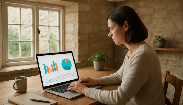 Small business owner in Painswick cottage analyzes website traffic and engagement graphs on laptop.