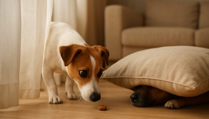Curious dog sniffing treat behind sheer curtain in cozy living room.
