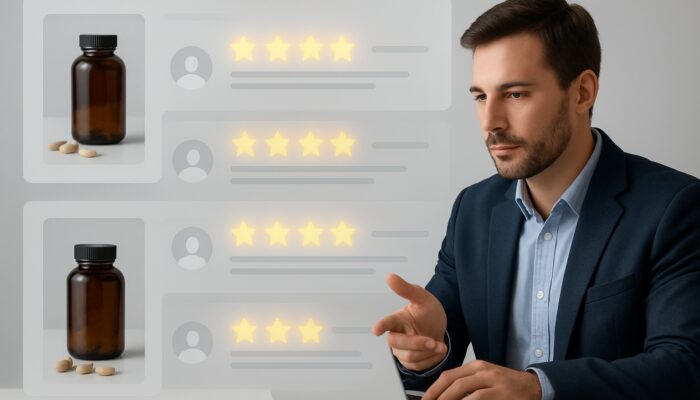 Bustling online store page for health supplements with glowing reviews, critical feedback, and brand responses.