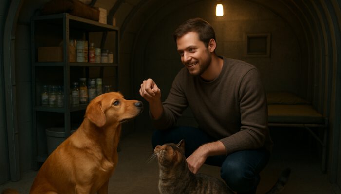 Dog and cat exploring cozy underground tornado shelter with smiling owner offering treats.