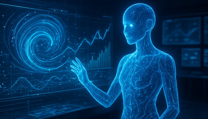 Futuristic AI assistant hologram analyzing predictive data streams in high-tech command center.