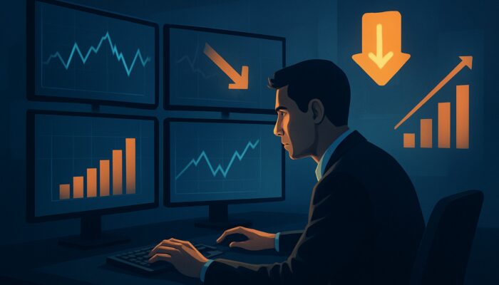 Trader analyzing stock charts on multiple screens, placing limit orders with icons representing reduced fees and increased volumes.