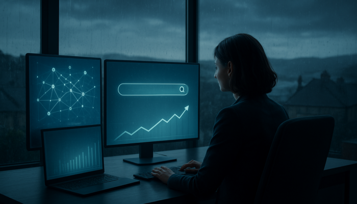 Small business owner in Clevedon analyzing SEO algorithms and rising e-commerce charts on glowing screens under rainy sky.