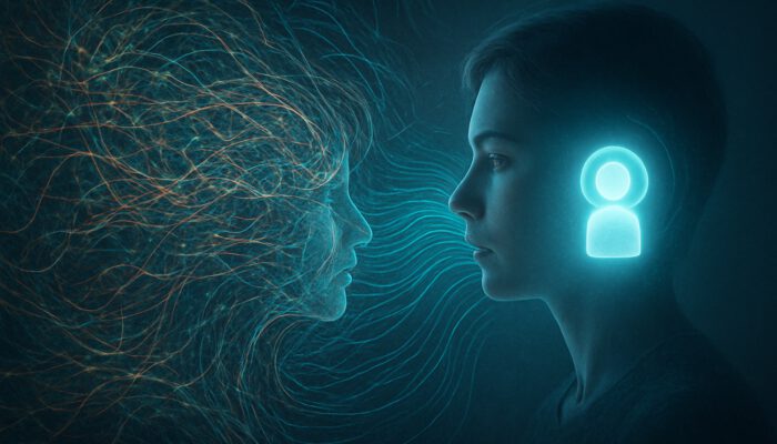 A luminous virtual assistant organizing chaotic data streams for enhanced mental clarity.