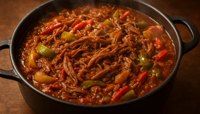 A steaming pot of Cuban Ropa Vieja showcasing tender shredded beef, spices, onions, and peppers.