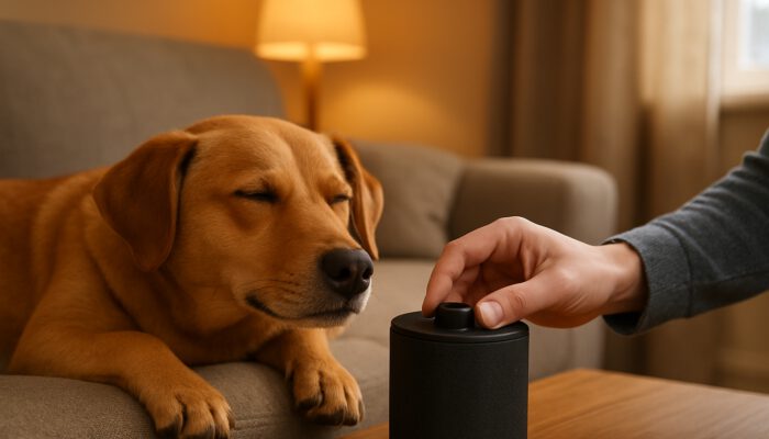 Dog calmly listening to fireworks sounds as owner adjusts speaker in cozy living room.
