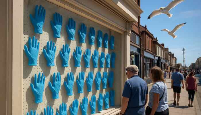 Rows of blue latex gloves in a bustling Lytham St Annes shop window, under sunlight with seagulls overhead.