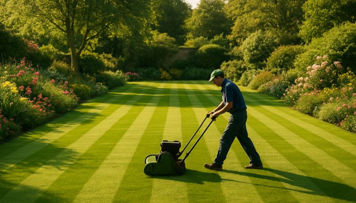 Gardener diligently mowing a perfectly striped lush lawn in a serene Yeovil garden adorned with blooming flowers.