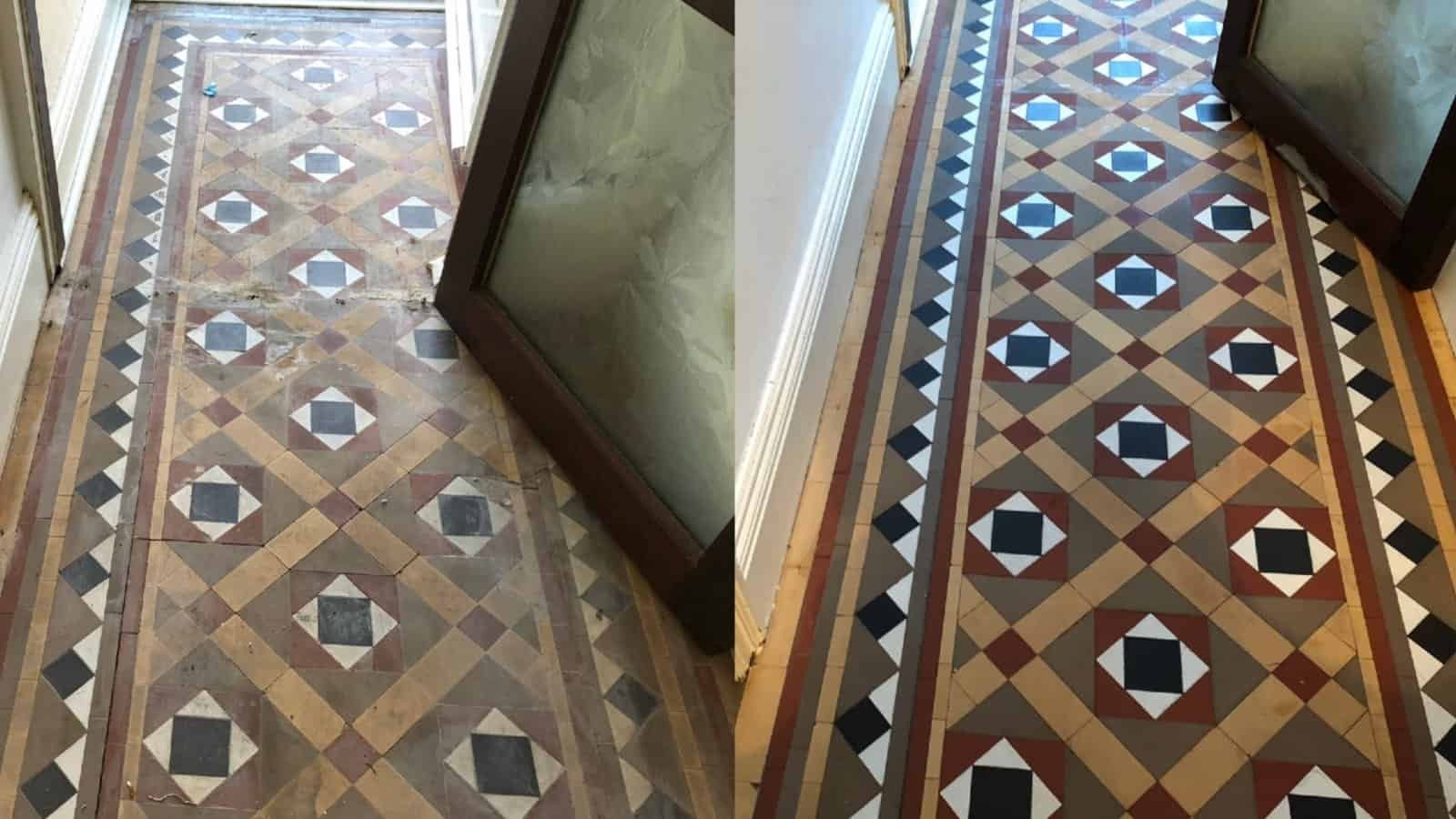 Victorian hallway floor showing contrast between coated dull tiles and cleaned natural clay surface