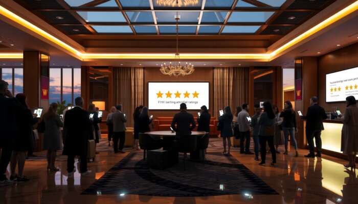 Luxurious hotel lobby at dusk, with guests reviewing five-star ratings and positive feedback on their smartphones, symbolising the influence of ratings on travel decisions.