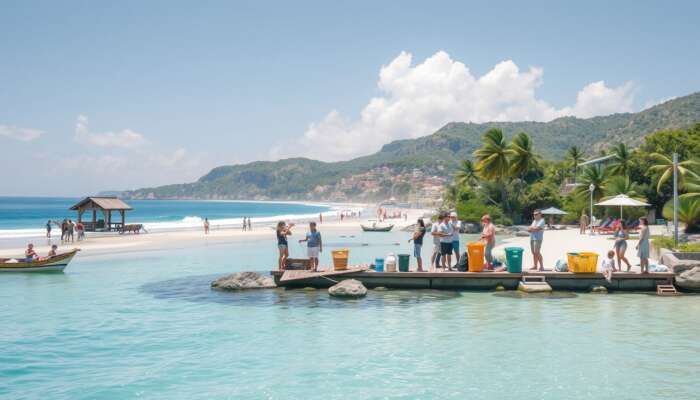 Tourists sorting waste into eco-bins, observing wildlife from a distance, and utilising renewable energy amidst pristine coastal beaches and clear blue waters.