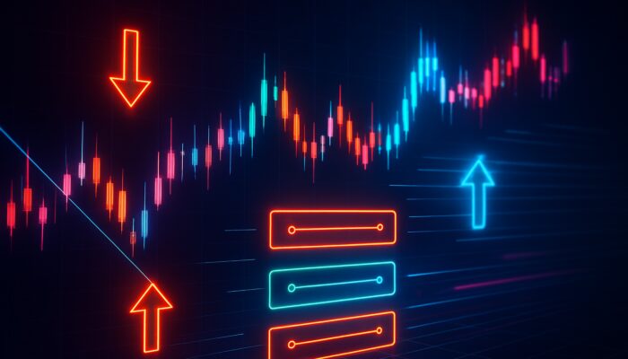 Cyberpunk trading bot interface with illuminated limit orders reducing slippage on stock charts