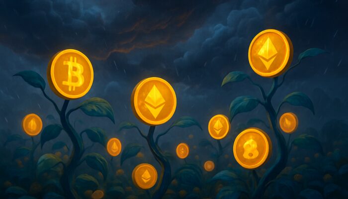 Surreal digital garden of glowing crypto tokens on vines amid stormy volatility clouds and stakers diluting yields.
