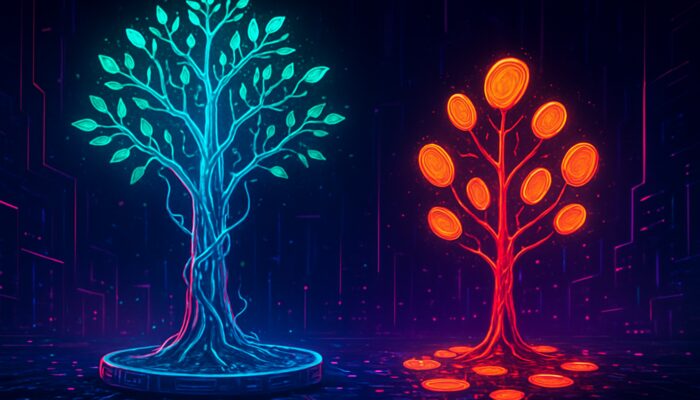 Cyberpunk illustration of two glowing token trees comparing Protocol A (12%) vs B (8%) with scattered coins.