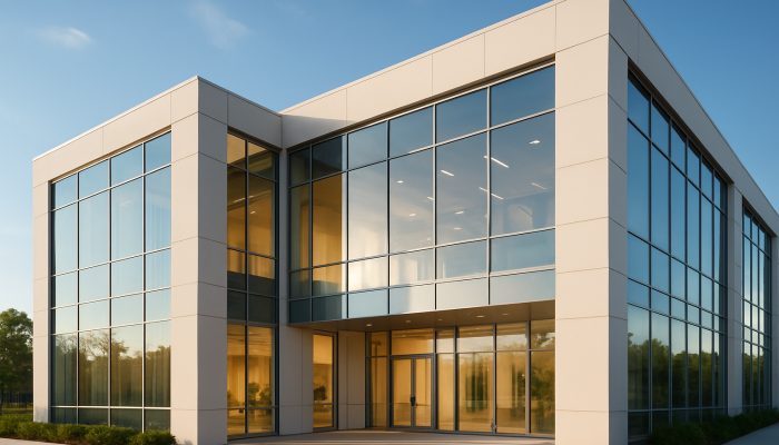 Modern commercial building with spotless gleaming windows and sunlit welcoming interiors.