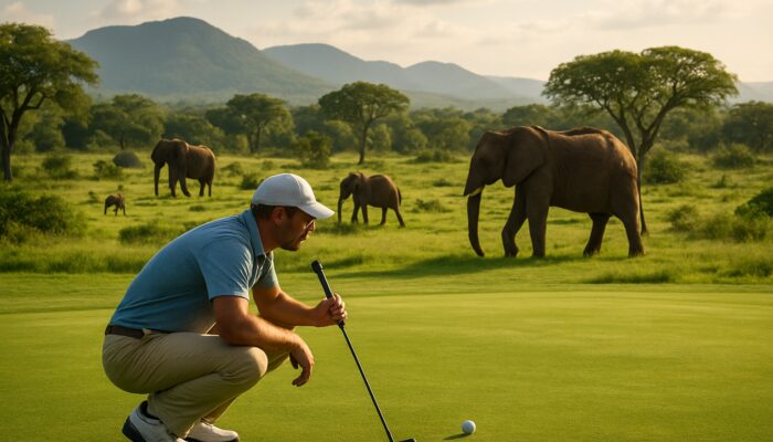 Focused golfer eyeing ball with elephants roaming on lush South African course near Kruger