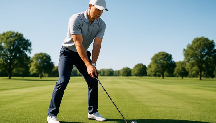 Focused golfer in wide balanced stance on firm Gauteng fairway turf under sunlight