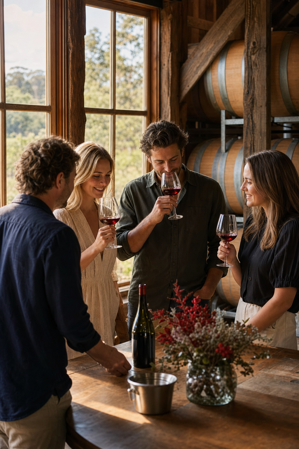 Intimate cellar door wine tasting at a boutique Yarra Valley winery.