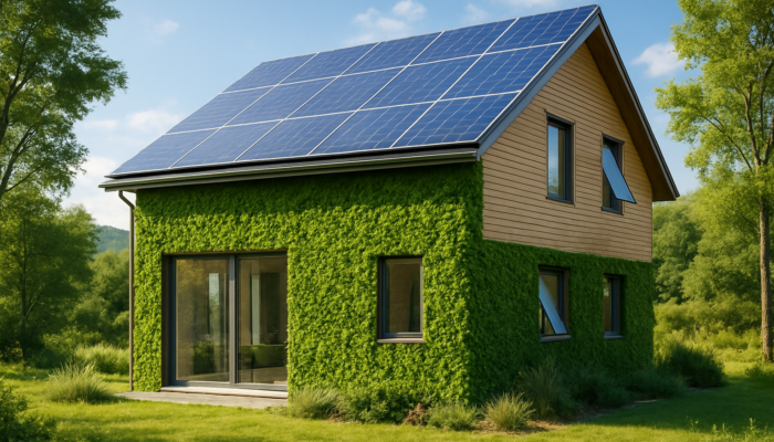 Contemporary eco-friendly house featuring solar panels, green walls, and smart windows in a peaceful setting.