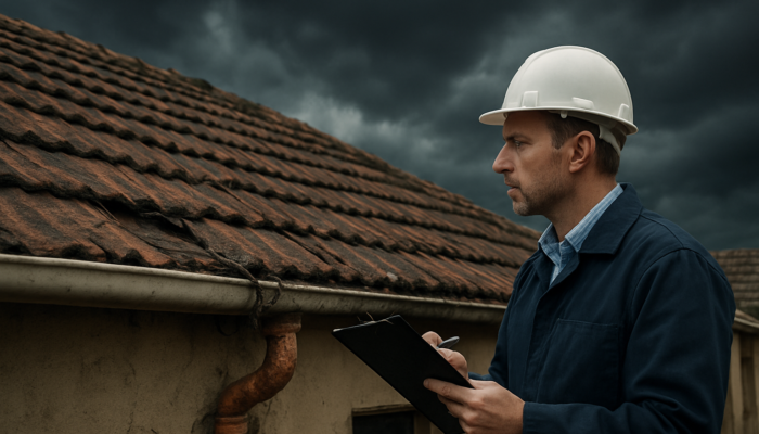 Professional inspector examining a cracked roof and exposed wiring on an old home in Springs under a stormy sky.