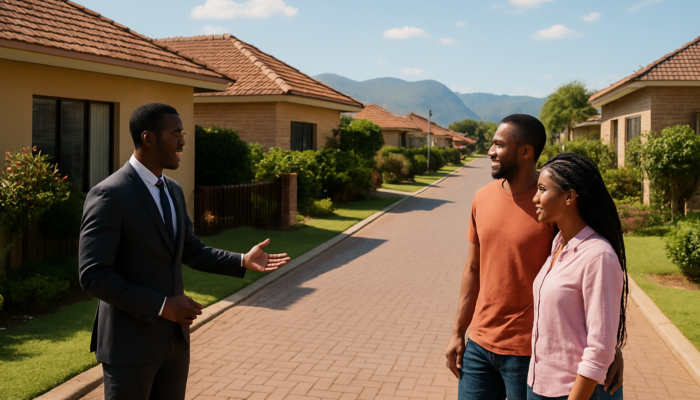 Couple exploring modern homes on a busy Thohoyandou street with a real estate agent under a sunny sky.