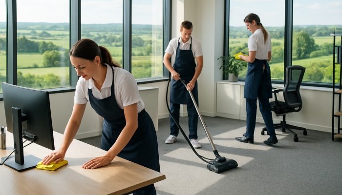 Professional cleaners meticulously vacuuming a sunlit Poyntington office with scenic countryside views