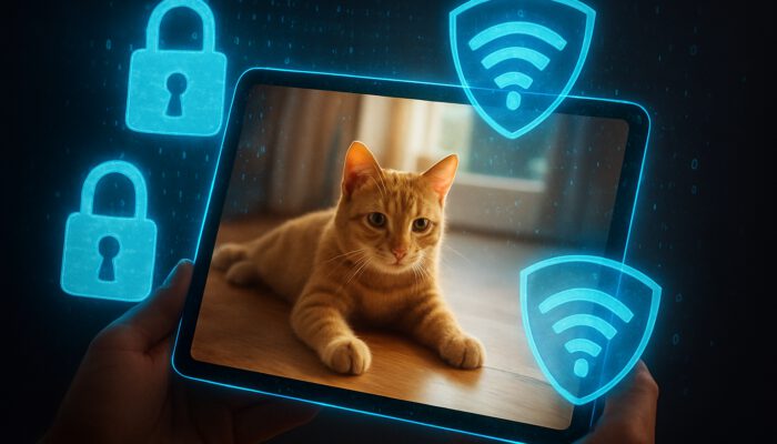 Tablet screen showing an encrypted cat live feed with digital locks and Wi-Fi shields for secure monitoring
