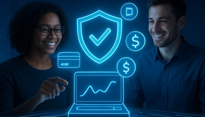 Futuristic neon blue checkout interface with glowing security shield, payment icons, and live transaction graphs