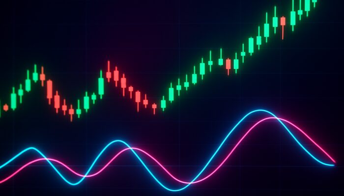 Dynamic trading interface displaying Trix indicator crossovers, divergences, and rising price candles within a neon environment.