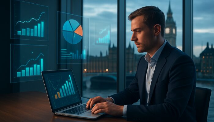 British entrepreneur analyzing website traffic and local SEO metrics in a London office overlooking Big Ben.