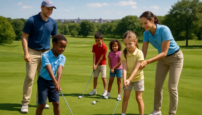 Diverse children practicing golf swings with instructors at Newcastle Golf Club junior program on sunny course.