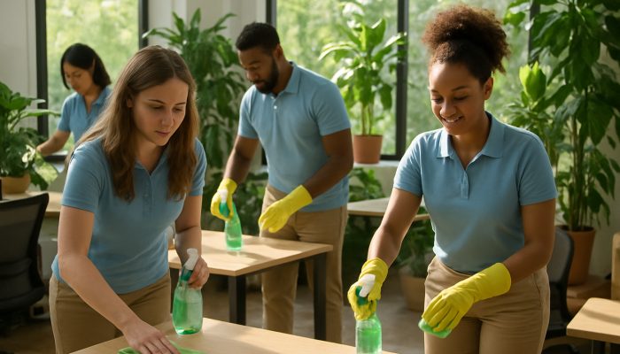 Diverse team utilising biodegradable sprays in a bright Trent office surrounded by greenery for sustainable cleaning.