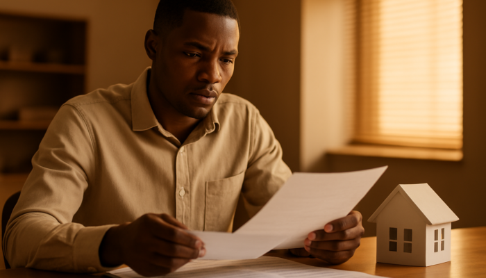 Focused South African applicant reviewing payslips and employment contracts for a bank home loan.