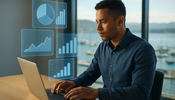 Wellington entrepreneur analyzing holographic UK e-commerce dashboards and market gap charts in sunlit office