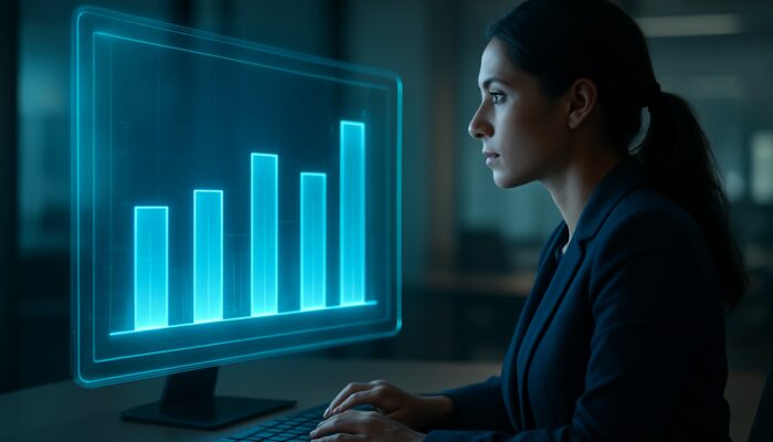 Marketer analysing a holographic dashboard showing glowing bar charts that compare video ad engagement rates to industry benchmarks.